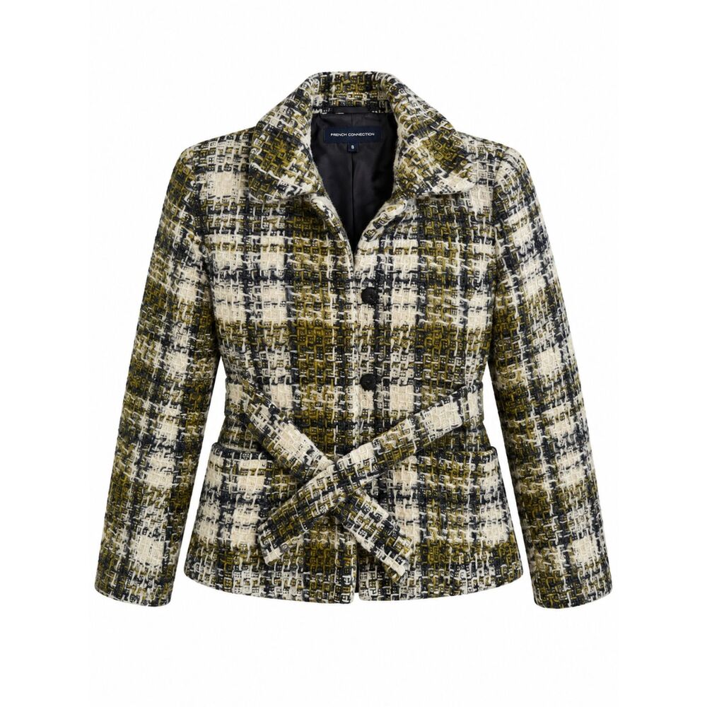 French Connection Plaid Tweed Wool Belted Jacket Cream Olive Size 8